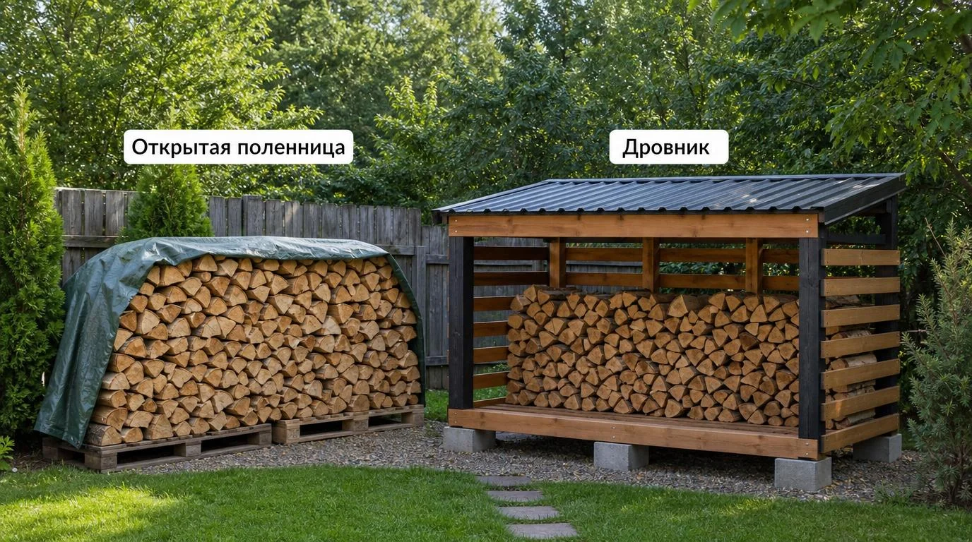 Сравнение открытой поленницы и дровника